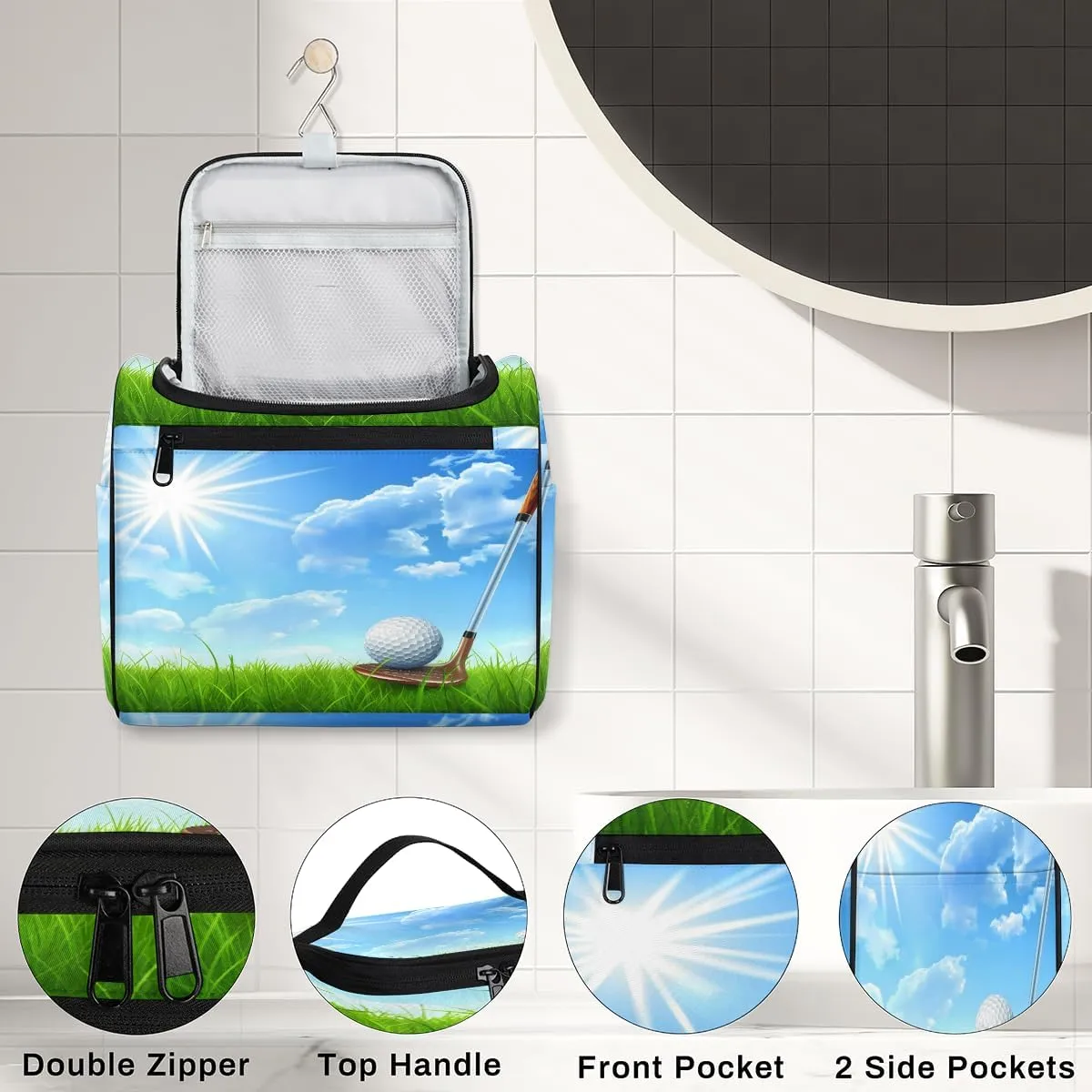 Golf Ball Club Travel Toiletry Bag for Men and Women, Large Hanging Makeup Bag Organizer Toiletries Bag for Travel, Cosmetic Bag with Handle