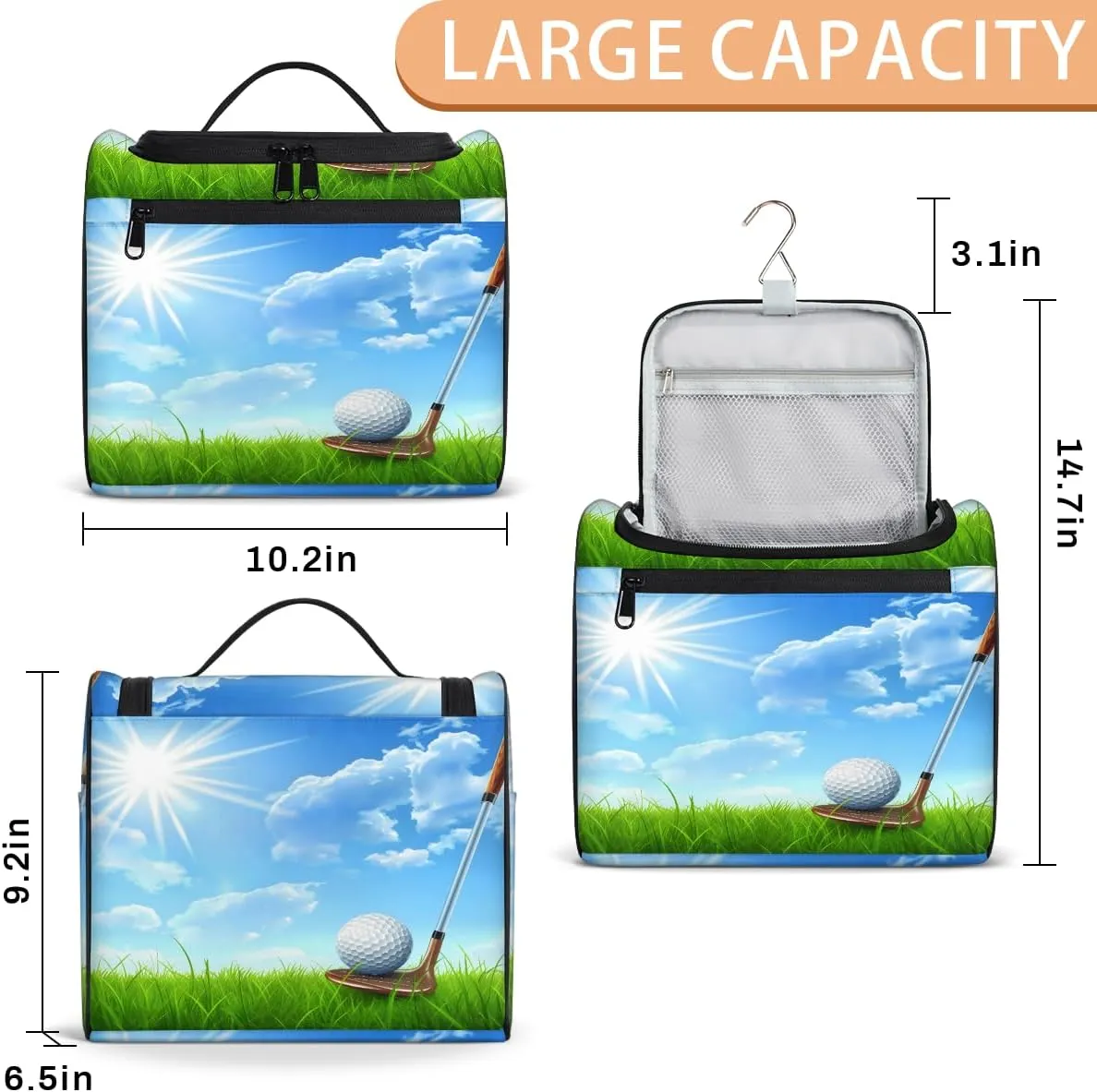 Golf Ball Club Travel Toiletry Bag for Men and Women, Large Hanging Makeup Bag Organizer Toiletries Bag for Travel, Cosmetic Bag with Handle