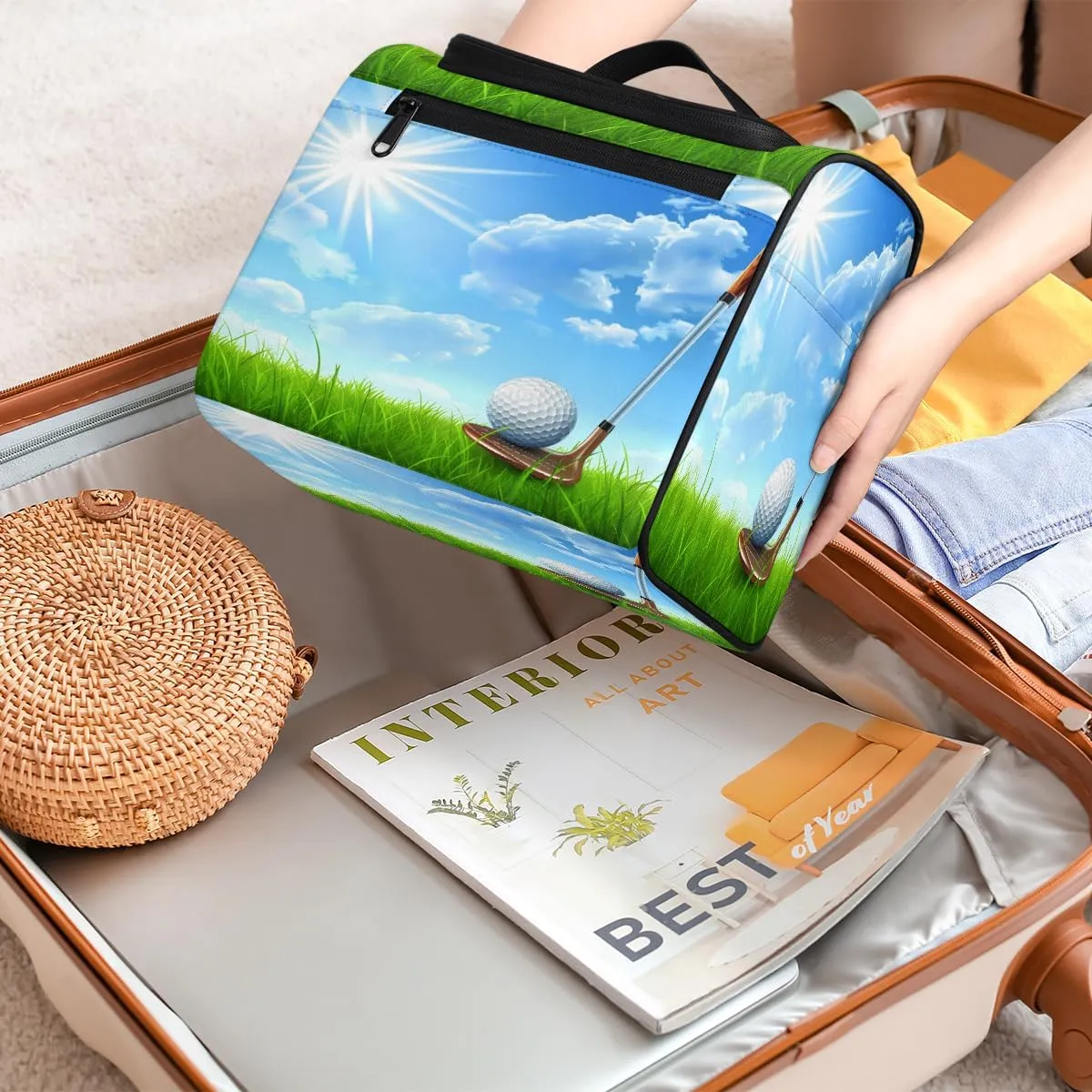Golf Ball Club Travel Toiletry Bag for Men and Women, Large Hanging Makeup Bag Organizer Toiletries Bag for Travel, Cosmetic Bag with Handle