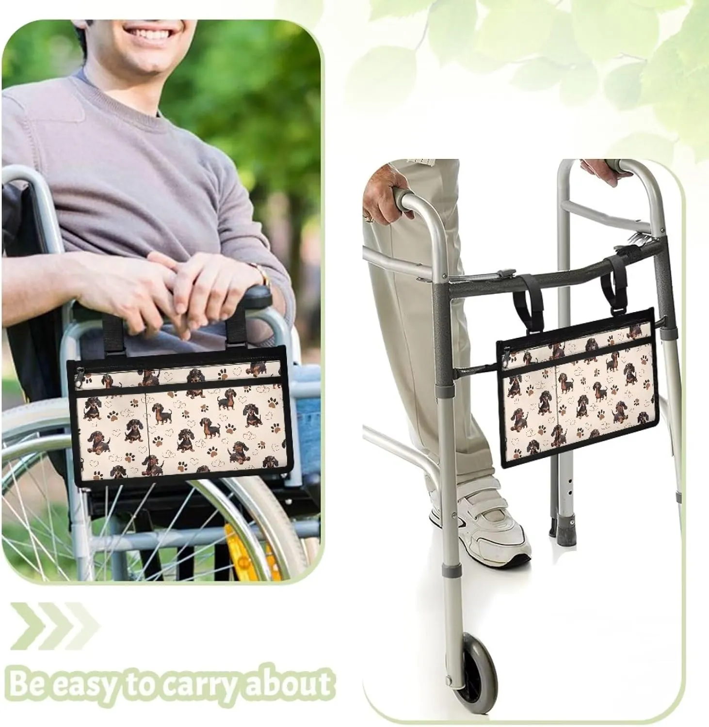 Gomyblomy Cute Dachshund Print Wheelchair Side Bag with Spacious Compartment, Sure Attachment and Easy-Reach Design, Wheelchair Armrest Storage Pouch with Cup Holder