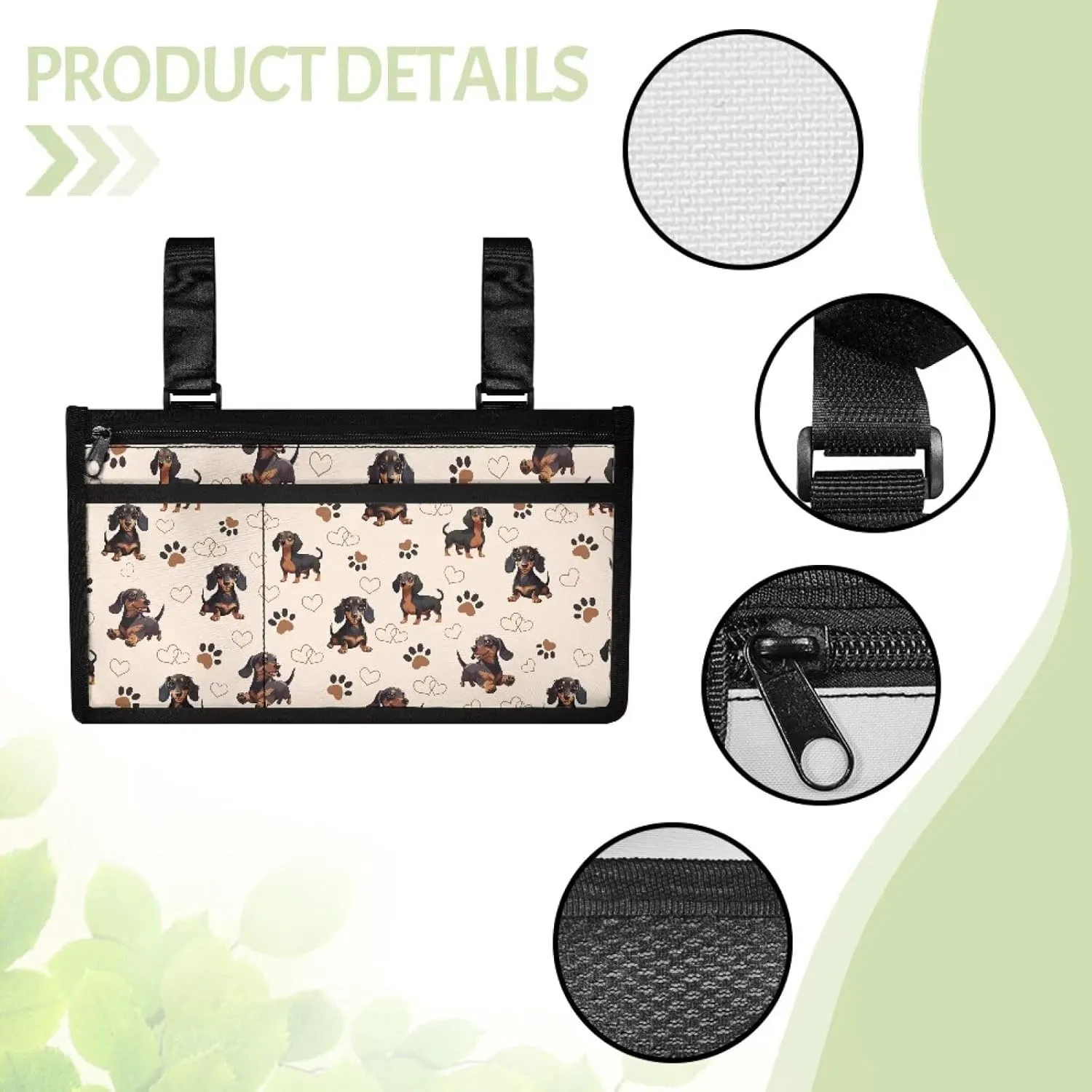 Gomyblomy Cute Dachshund Print Wheelchair Side Bag with Spacious Compartment, Sure Attachment and Easy-Reach Design, Wheelchair Armrest Storage Pouch with Cup Holder