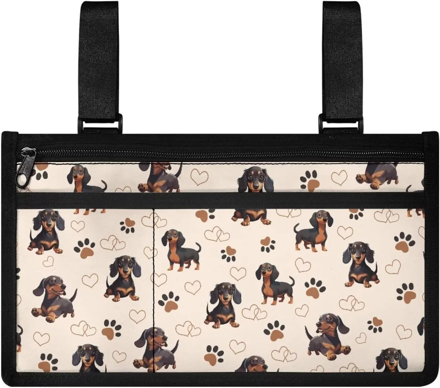 Gomyblomy Cute Dachshund Print Wheelchair Side Bag with Spacious Compartment, Sure Attachment and Easy-Reach Design, Wheelchair Armrest Storage Pouch with Cup Holder