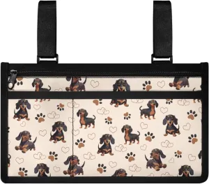 Gomyblomy Cute Dachshund Print Wheelchair Side Bag with Spacious Compartment, Sure Attachment and Easy-Reach Design, Wheelchair Armrest Storage Pouch with Cup Holder