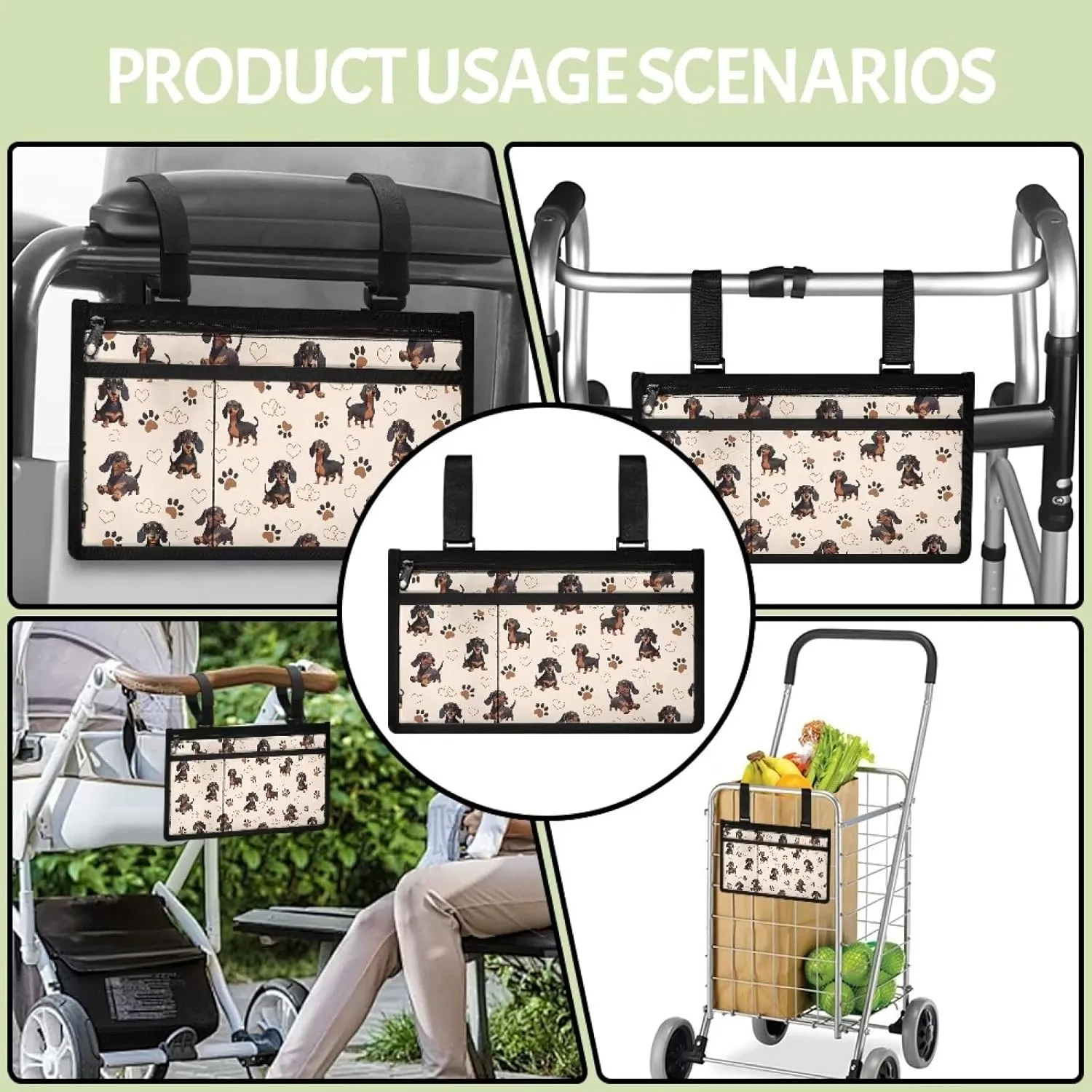 Gomyblomy Cute Dachshund Print Wheelchair Side Bag with Spacious Compartment, Sure Attachment and Easy-Reach Design, Wheelchair Armrest Storage Pouch with Cup Holder
