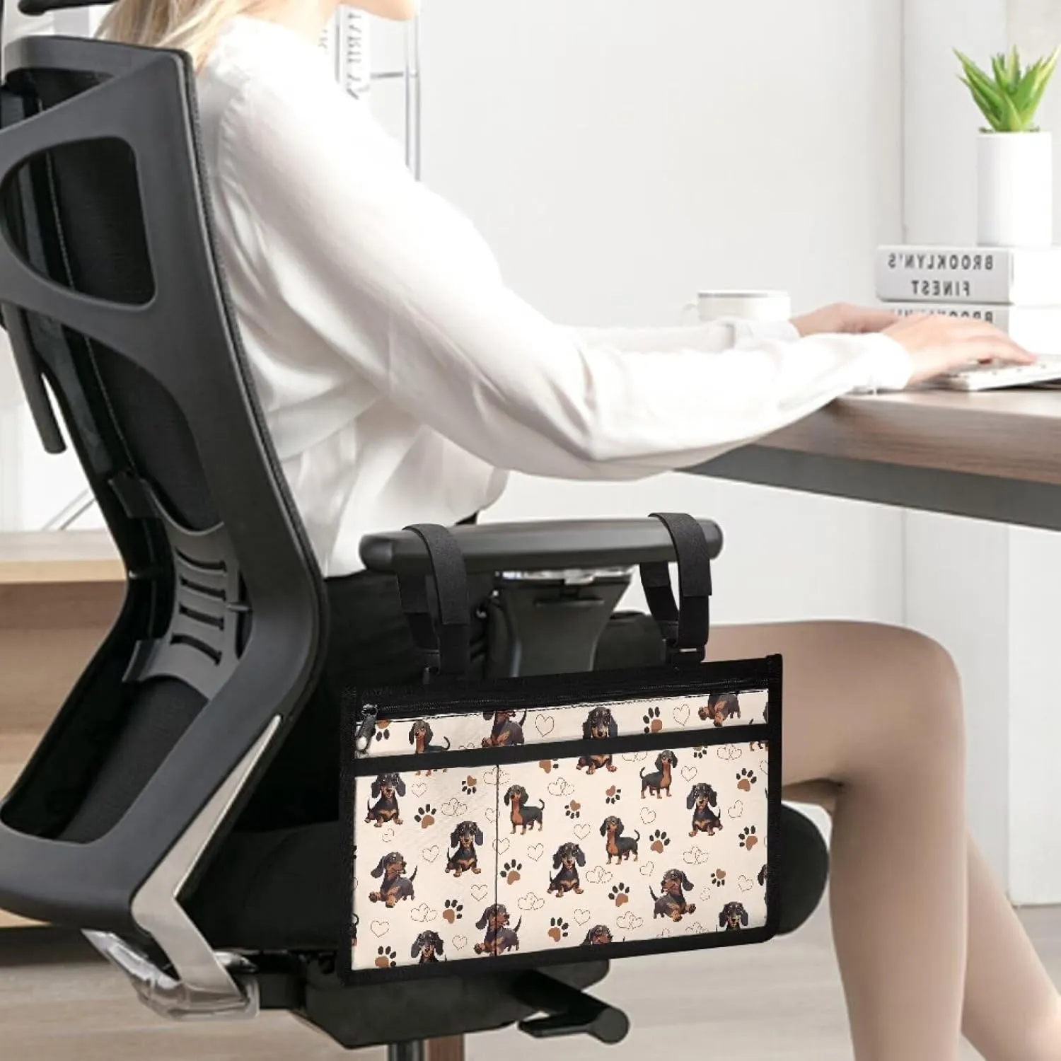 Gomyblomy Cute Dachshund Print Wheelchair Side Bag with Spacious Compartment, Sure Attachment and Easy-Reach Design, Wheelchair Armrest Storage Pouch with Cup Holder