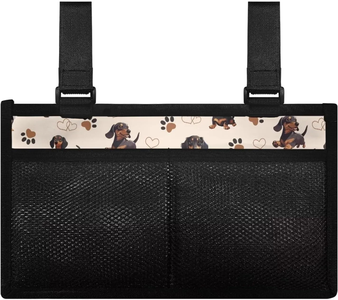Gomyblomy Cute Dachshund Print Wheelchair Side Bag with Spacious Compartment, Sure Attachment and Easy-Reach Design, Wheelchair Armrest Storage Pouch with Cup Holder