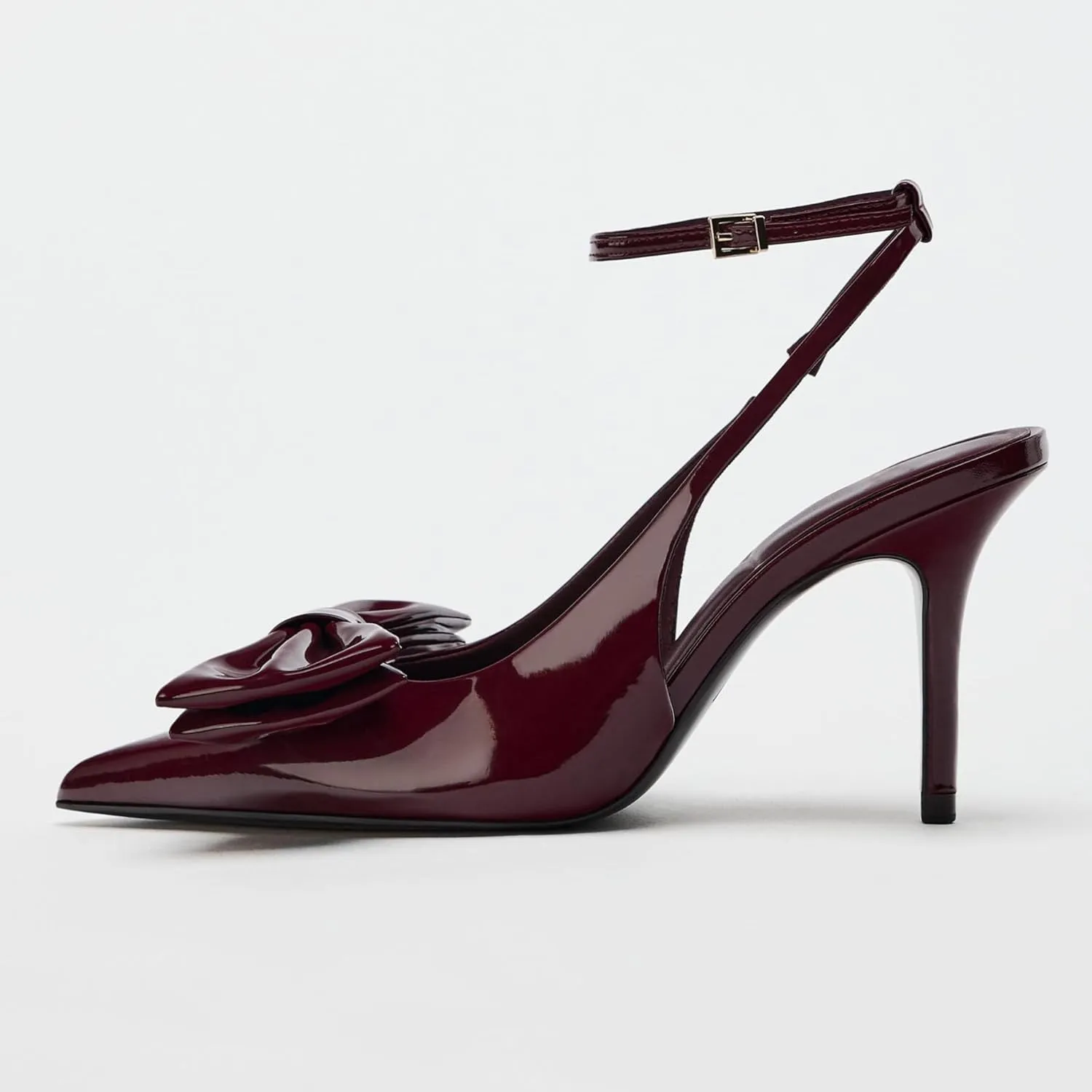 Goolita Bow Burgundy Slingback Heels for Women, Pointed Toe Buckle Ankle Strap Patent Leather Cherry Red Pumps Sexy Stiletto High Heels Shoes