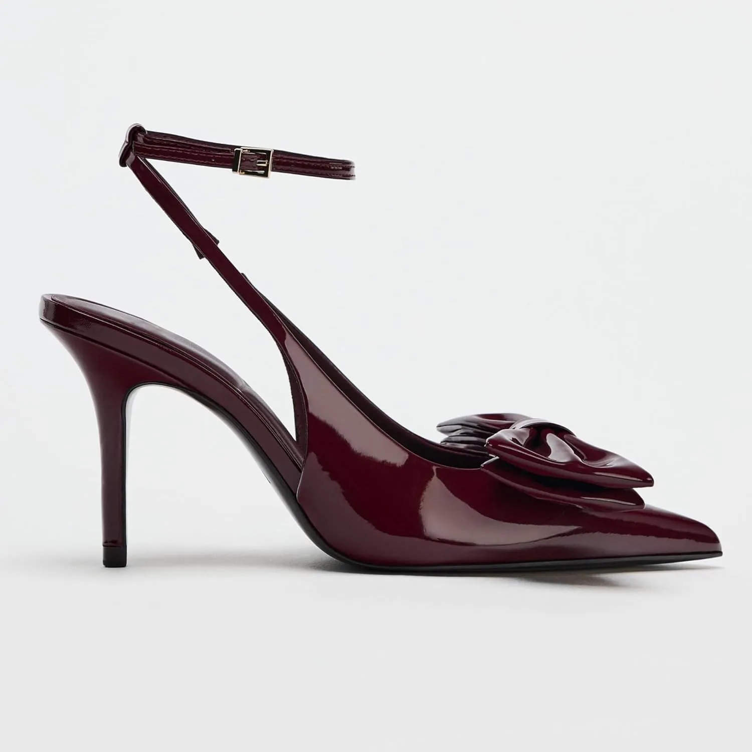 Goolita Bow Burgundy Slingback Heels for Women, Pointed Toe Buckle Ankle Strap Patent Leather Cherry Red Pumps Sexy Stiletto High Heels Shoes