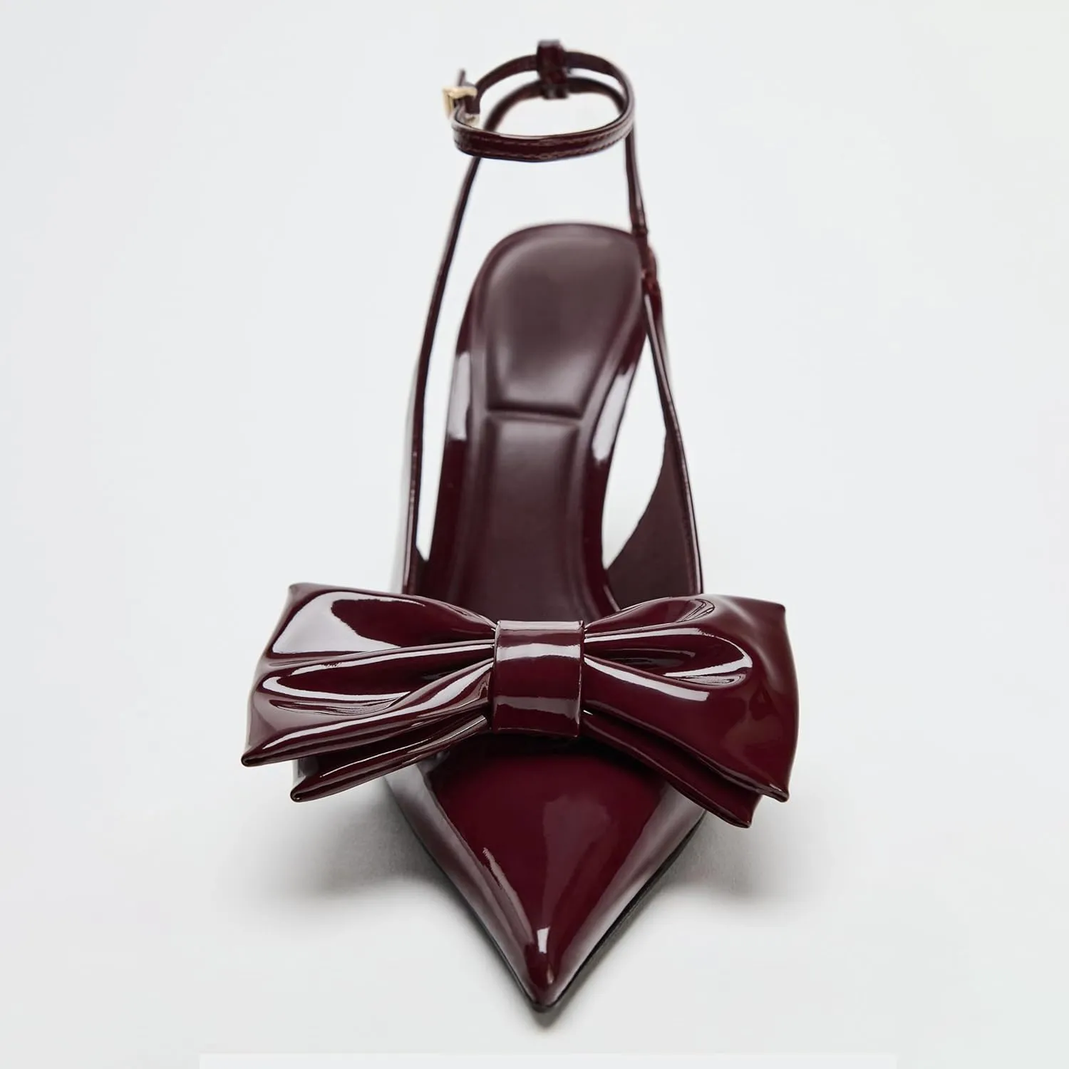 Goolita Bow Burgundy Slingback Heels for Women, Pointed Toe Buckle Ankle Strap Patent Leather Cherry Red Pumps Sexy Stiletto High Heels Shoes