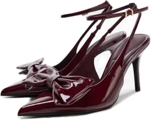 Goolita Bow Burgundy Slingback Heels for Women, Pointed Toe Buckle Ankle Strap Patent Leather Cherry Red Pumps Sexy Stiletto High Heels Shoes