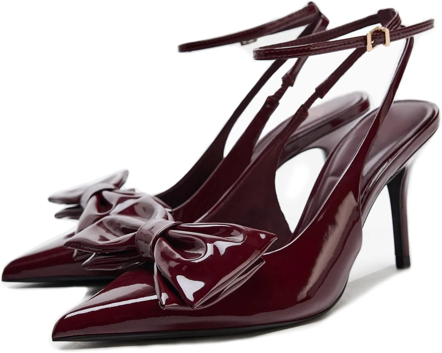 Goolita Bow Burgundy Slingback Heels for Women, Pointed Toe Buckle Ankle Strap Patent Leather Cherry Red Pumps Sexy Stiletto High Heels Shoes