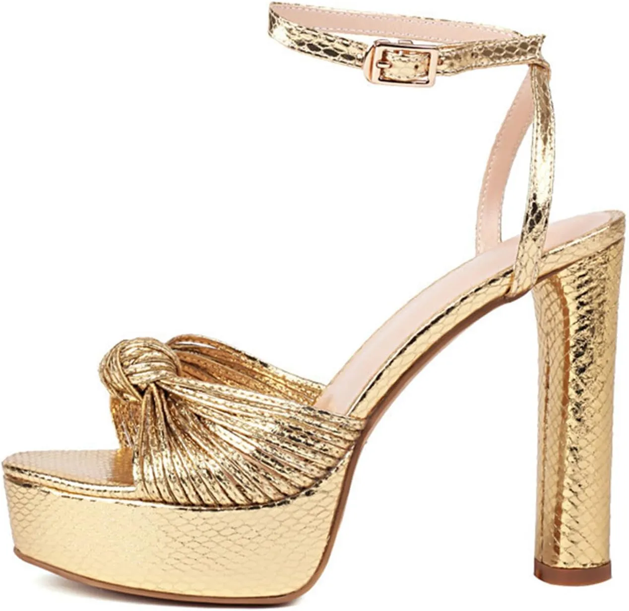 Goolita Bow Metallic Platform Heels for Women Chunky Buckle Ankle Strap Heeled Sandals Sexy Snakeskin Comfortable Party Bridal Shoes