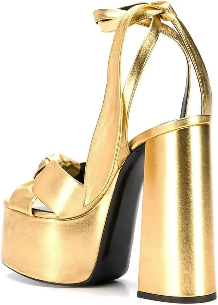 Goolita Metallic Lace Up Chunky Heel Platform Heels For Women Open Toe Slingback Ankle Strap Heeled Sandals Bow Sexy Fashion Evening Party Shoes