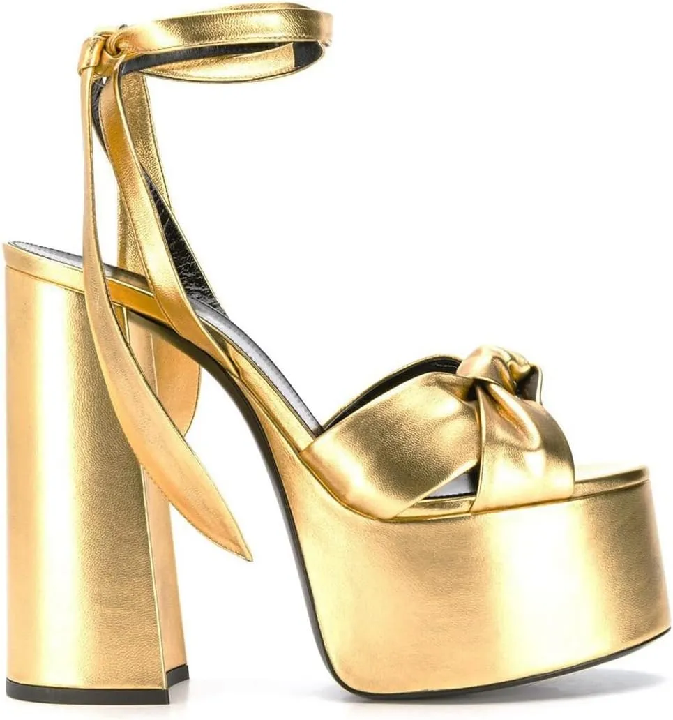 Goolita Metallic Lace Up Chunky Heel Platform Heels For Women Open Toe Slingback Ankle Strap Heeled Sandals Bow Sexy Fashion Evening Party Shoes