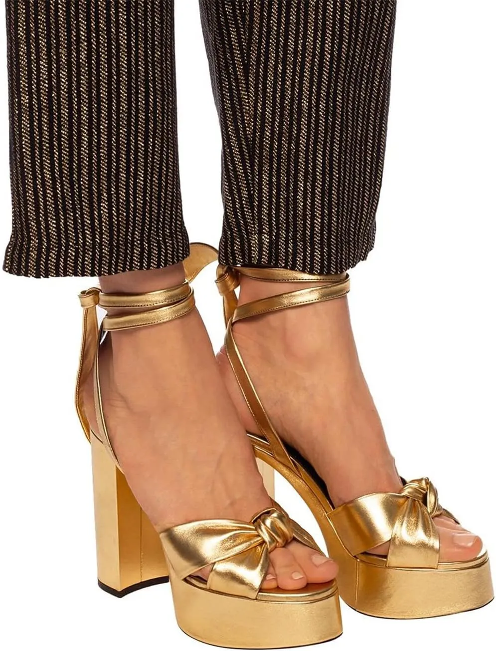 Goolita Metallic Lace Up Chunky Heel Platform Heels For Women Open Toe Slingback Ankle Strap Heeled Sandals Bow Sexy Fashion Evening Party Shoes