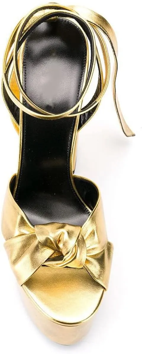 Goolita Metallic Lace Up Chunky Heel Platform Heels For Women Open Toe Slingback Ankle Strap Heeled Sandals Bow Sexy Fashion Evening Party Shoes