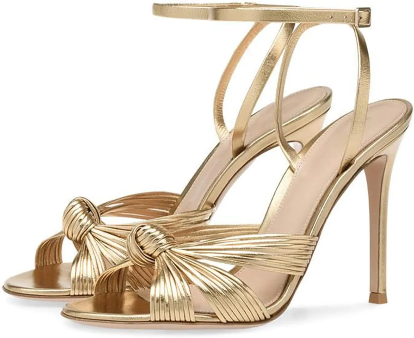 Goolita Metallic Strappy Heels For Women, Round Toe Bow Stiletto Heeled Sandals Sexy Wedding Evening Prom Bridal Shoes