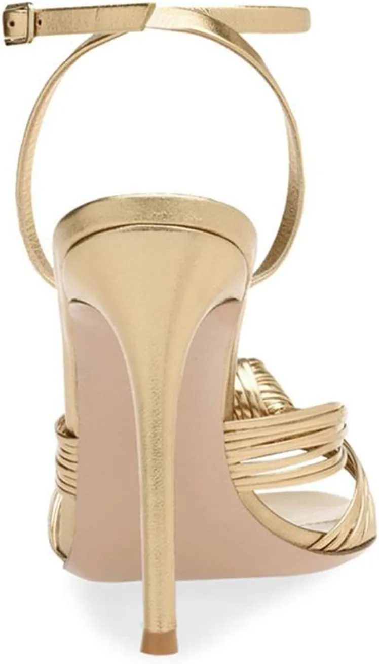 Goolita Metallic Strappy Heels For Women, Round Toe Bow Stiletto Heeled Sandals Sexy Wedding Evening Prom Bridal Shoes