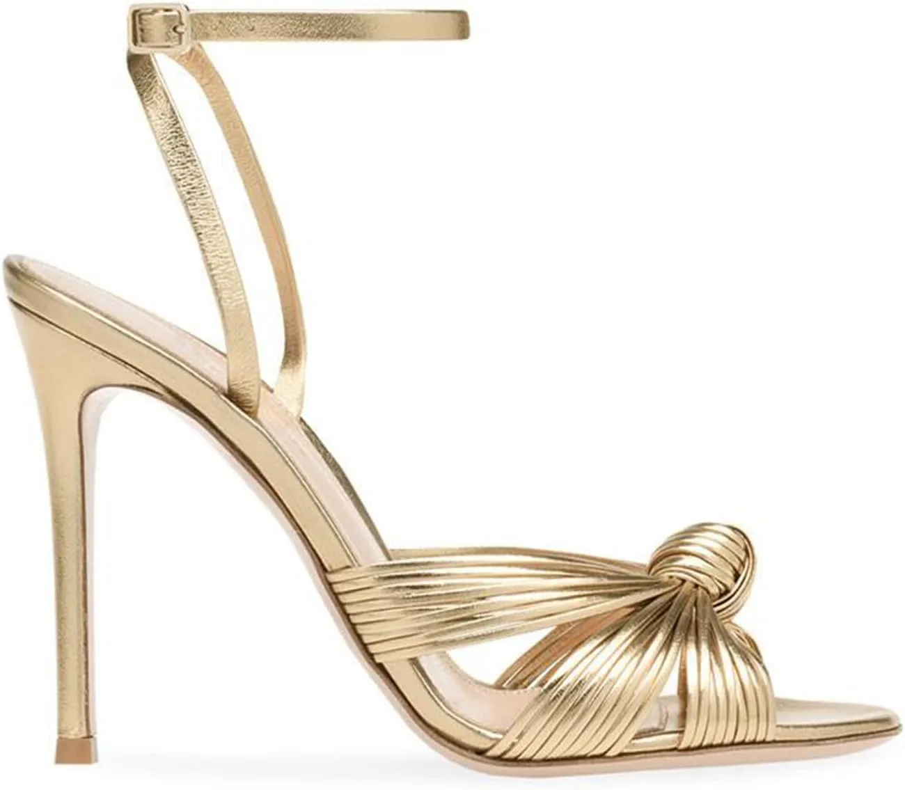 Goolita Metallic Strappy Heels For Women, Round Toe Bow Stiletto Heeled Sandals Sexy Wedding Evening Prom Bridal Shoes