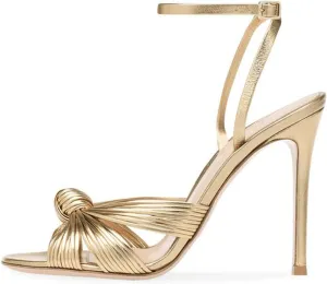 Goolita Metallic Strappy Heels For Women, Round Toe Bow Stiletto Heeled Sandals Sexy Wedding Evening Prom Bridal Shoes