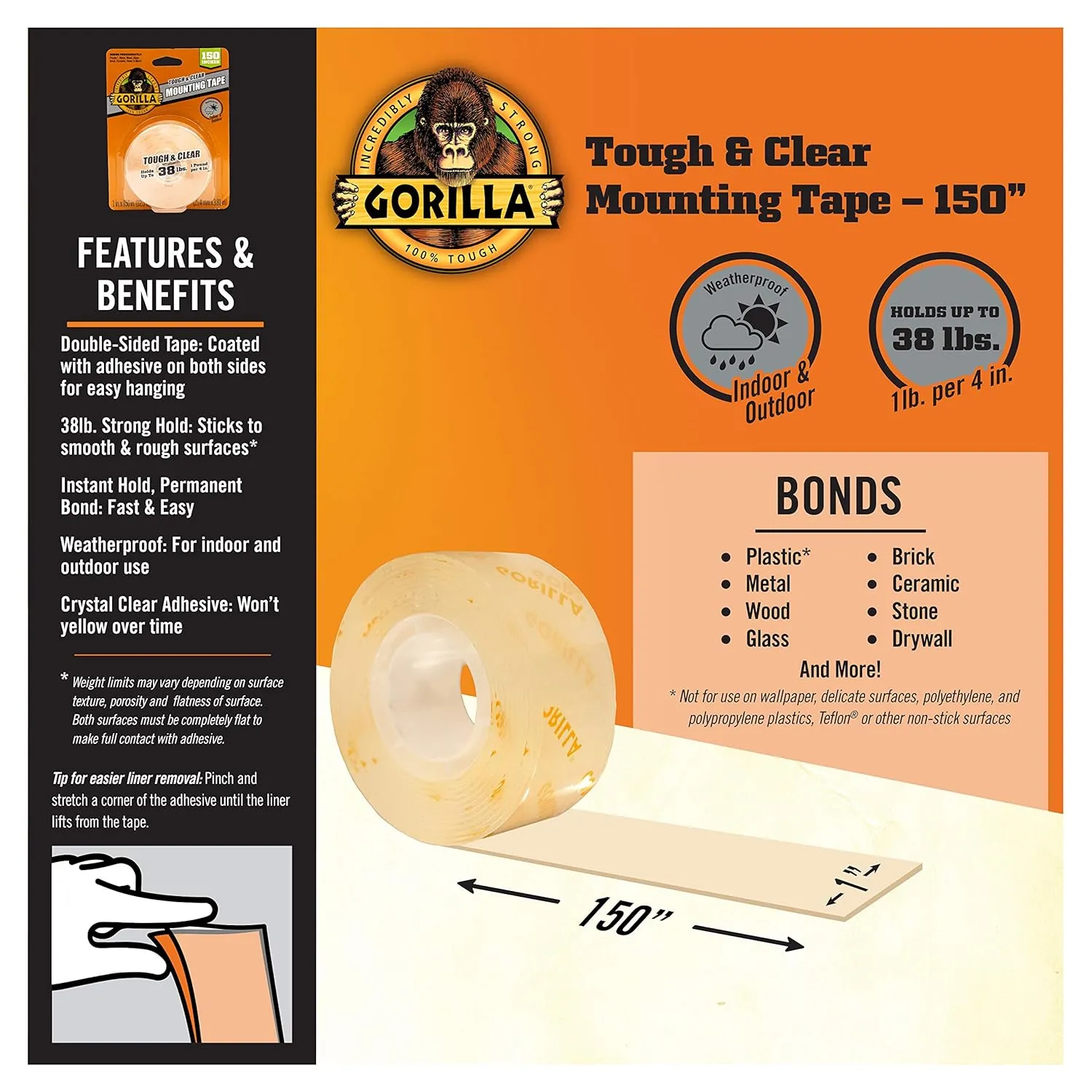 Gorilla Tough & Clear Double Sided Mounting Tape, Clear Tape, 1" x 150" (Pack of 1) - Weatherproof for Indoor or Outdoor