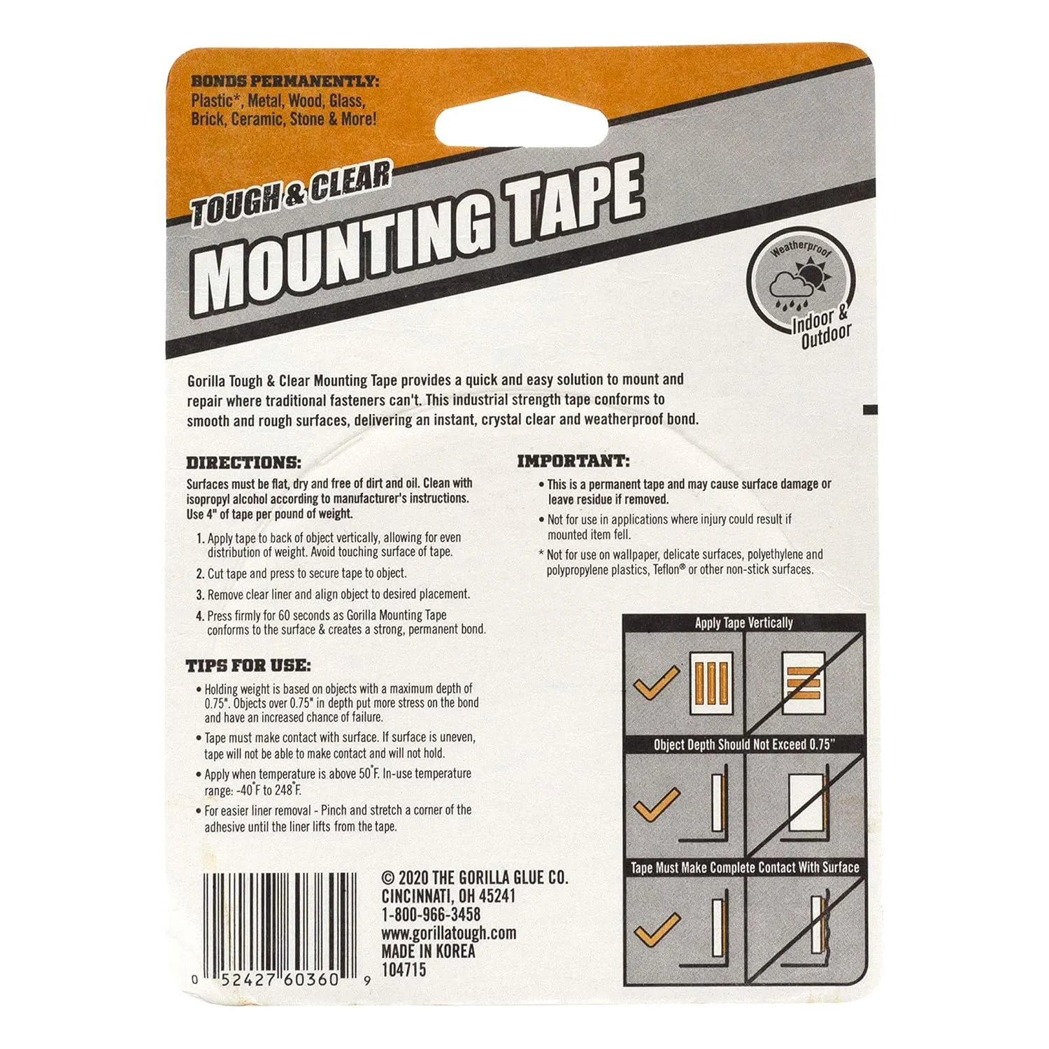 Gorilla Tough & Clear Double Sided Mounting Tape, Clear Tape, 1" x 150" (Pack of 1) - Weatherproof for Indoor or Outdoor