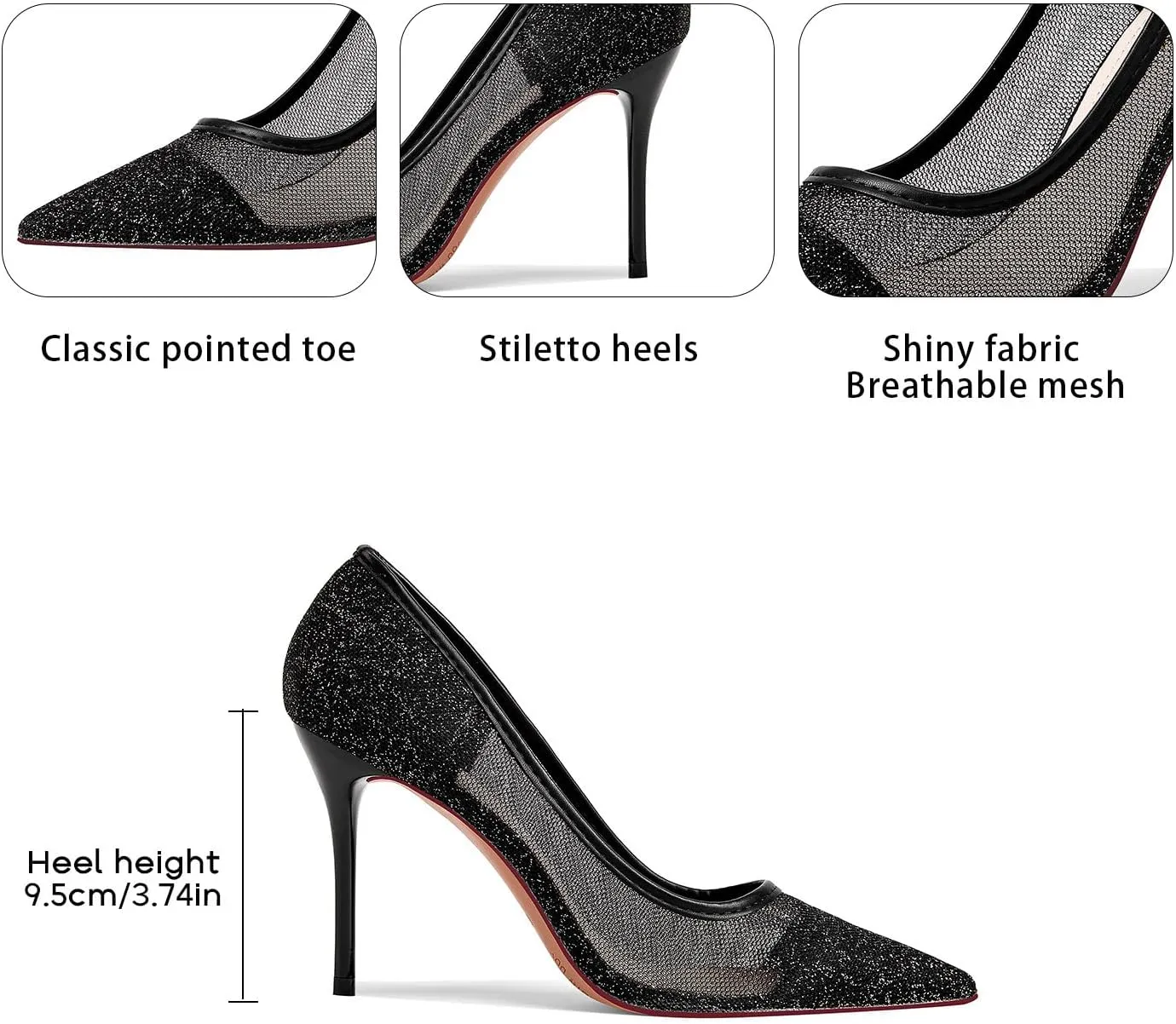 GOSERCE Rhinestone Heels Dressy Women's Stiletto Pointed Toe Pumps Mesh High Heel Pumps Fashion Prom Wedding Evening Party Shoes