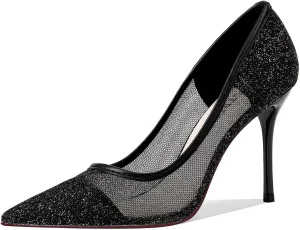GOSERCE Rhinestone Heels Dressy Women's Stiletto Pointed Toe Pumps Mesh High Heel Pumps Fashion Prom Wedding Evening Party Shoes