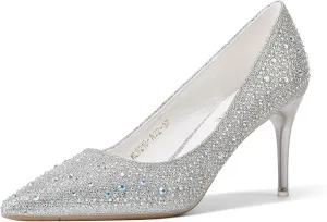 GOSERCE Rhinestone Heels Dressy Women's Stiletto Pointed Toe Pumps Mesh High Heel Pumps Fashion Prom Wedding Evening Party Shoes
