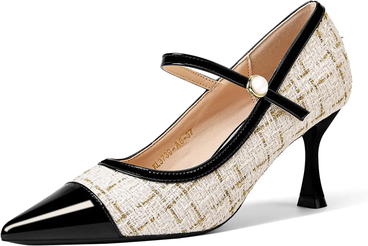 GOSERCE Women's Kitten Pumps Mary Jane Pearl Buckle Glitter Sparkly Strap Splicing Patent Pointed Toe High Heel Formal Dress Prom Work Office Herls Shoes