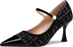 GOSERCE Women's Kitten Pumps Mary Jane Pearl Buckle Glitter Sparkly Strap Splicing Patent Pointed Toe High Heel Formal Dress Prom Work Office Herls Shoes