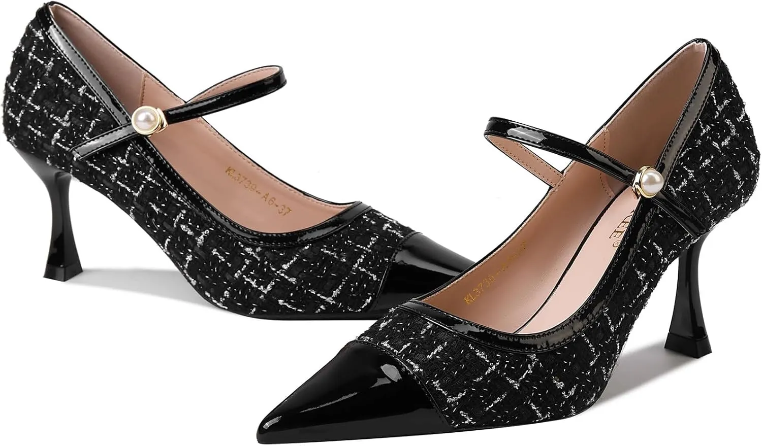 GOSERCE Women's Kitten Pumps Mary Jane Pearl Buckle Glitter Sparkly Strap Splicing Patent Pointed Toe High Heel Formal Dress Prom Work Office Herls Shoes