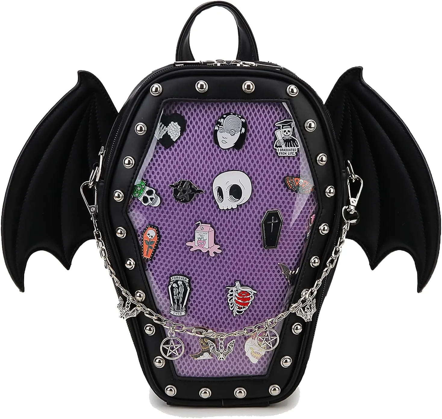 Goth Coffin Backpack with Detachable Bat Wing Halloween Coffin Ita Punk Shoulder Bag for Enamel Pins Display