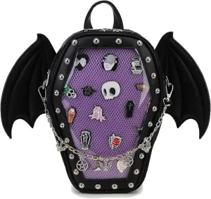Goth Coffin Backpack with Detachable Bat Wing Halloween Coffin Ita Punk Shoulder Bag for Enamel Pins Display