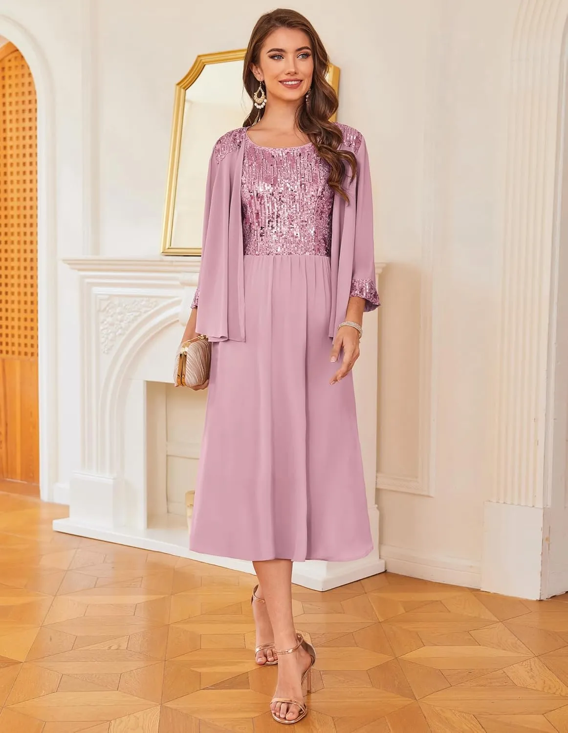 GRACE KARIN Wedding Guest Dress Mother of The Bride Dresses Two Piece Formal Sequin Dress with Jacket Tea Length 2025