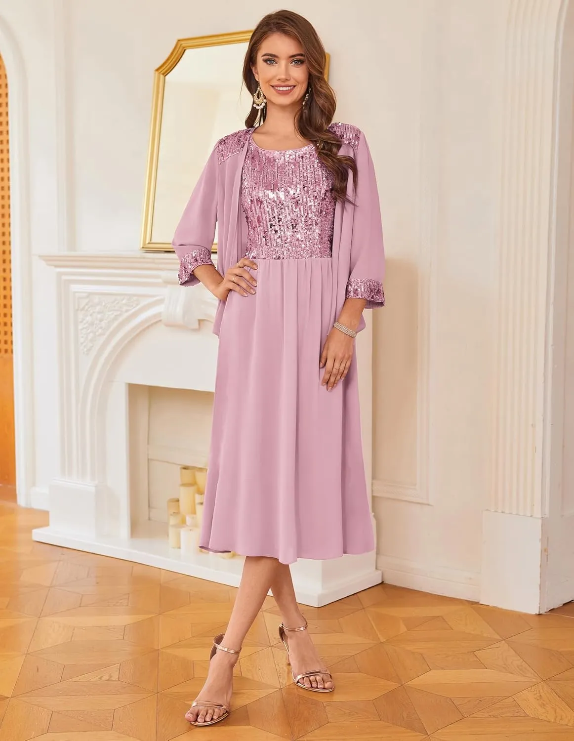 GRACE KARIN Wedding Guest Dress Mother of The Bride Dresses Two Piece Formal Sequin Dress with Jacket Tea Length 2025