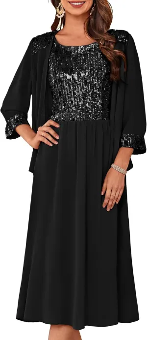 GRACE KARIN Wedding Guest Dress Mother of The Bride Dresses Two Piece Formal Sequin Dress with Jacket Tea Length 2025