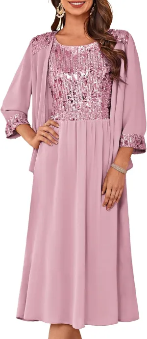 GRACE KARIN Wedding Guest Dress Mother of The Bride Dresses Two Piece Formal Sequin Dress with Jacket Tea Length 2025