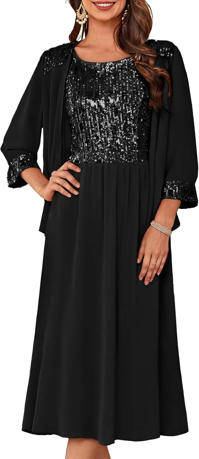 GRACE KARIN Wedding Guest Dress Mother of The Bride Dresses Two Piece Formal Sequin Dress with Jacket Tea Length 2025