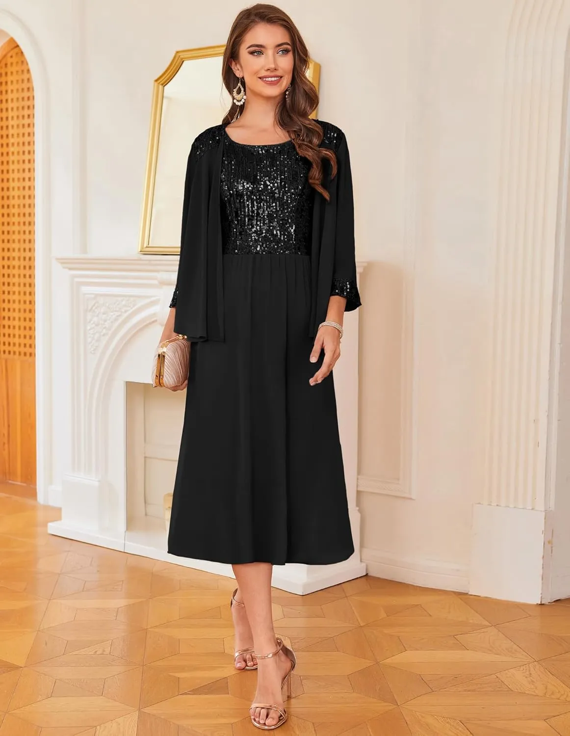 GRACE KARIN Wedding Guest Dress Mother of The Bride Dresses Two Piece Formal Sequin Dress with Jacket Tea Length 2025