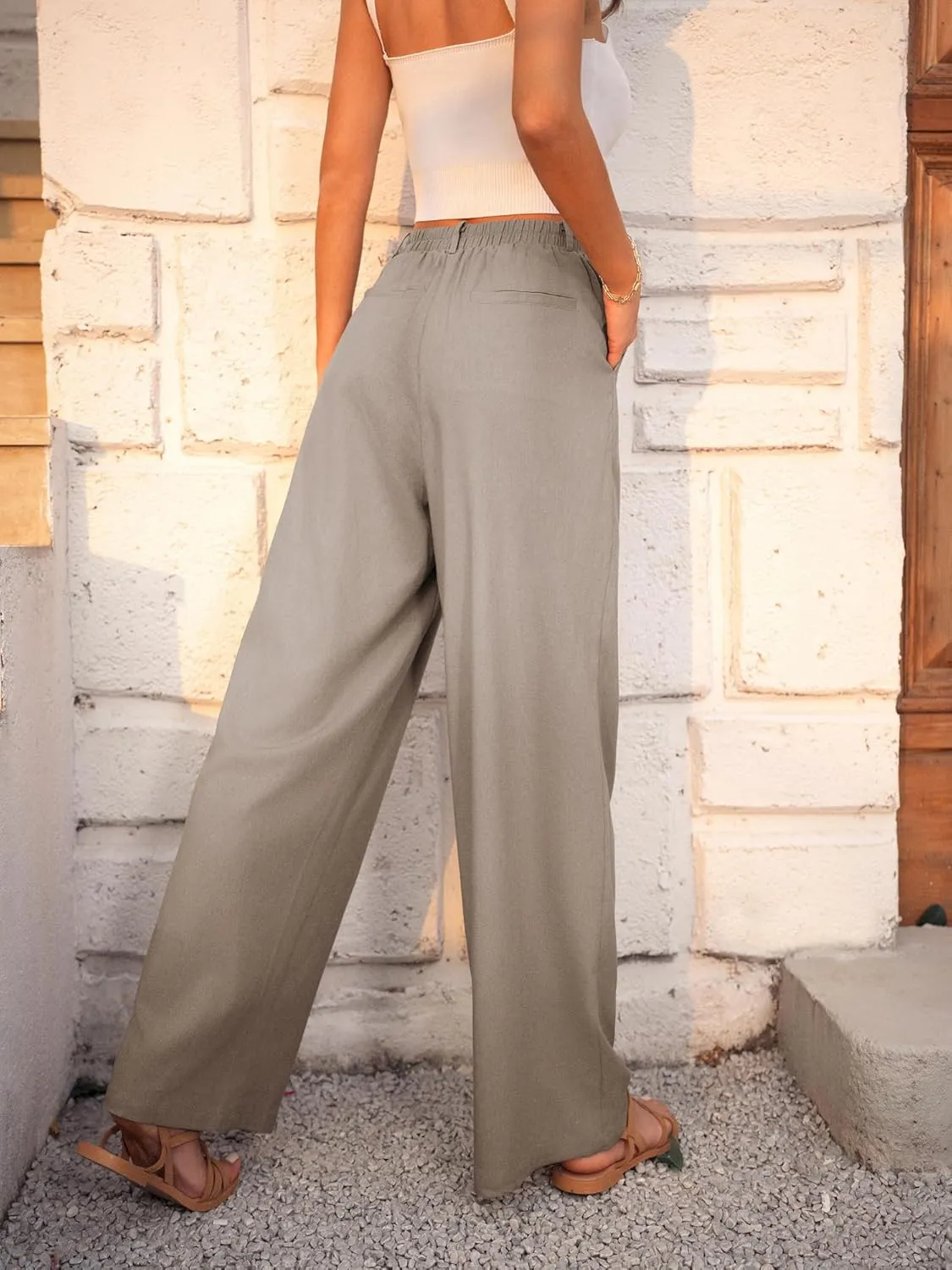 GRACE KARIN Wide Leg Pants for Women Cotton Linen Business Casual Long Trousers Palazzo Pants with Pockets