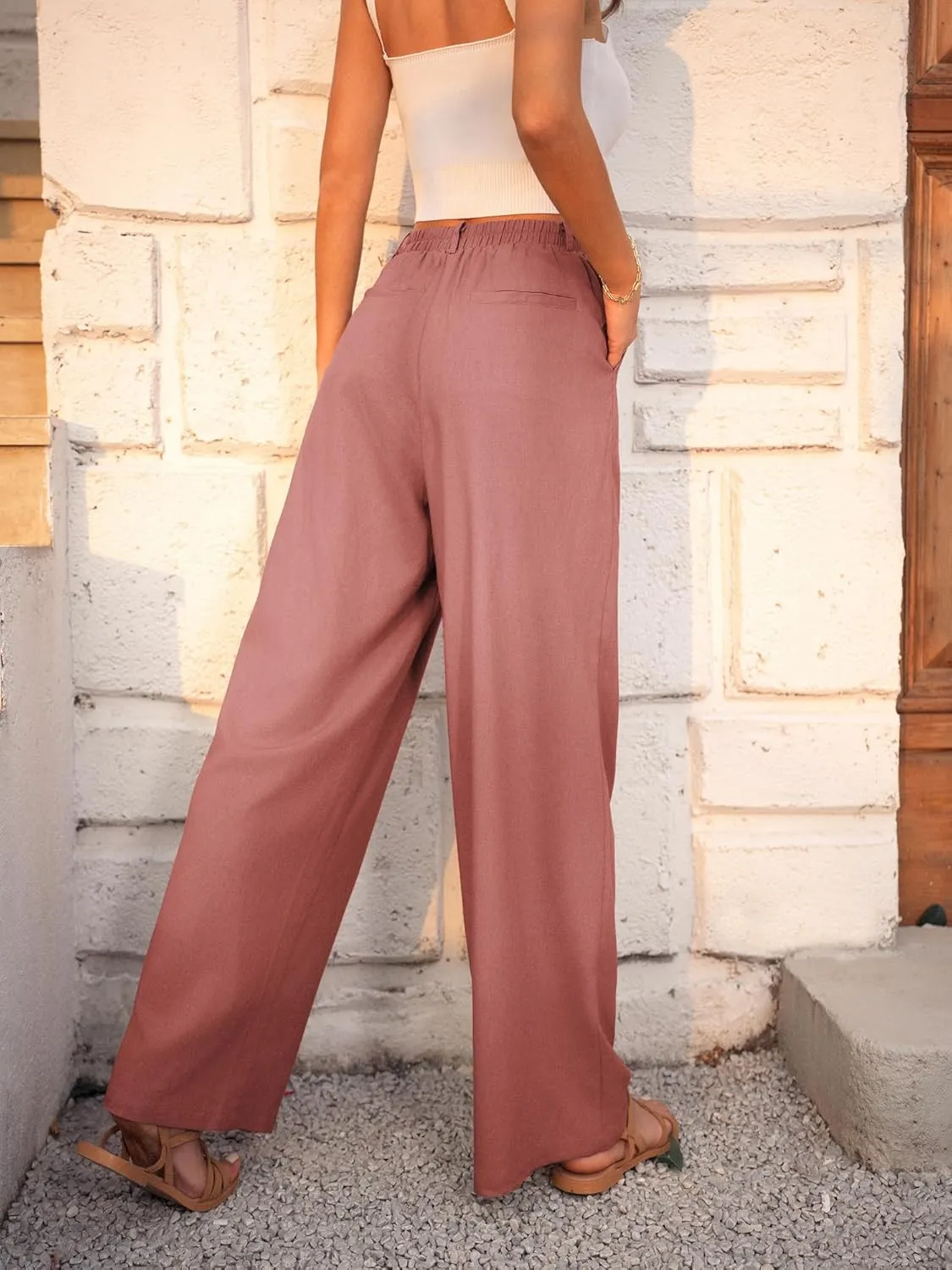 GRACE KARIN Wide Leg Pants for Women Cotton Linen Business Casual Long Trousers Palazzo Pants with Pockets