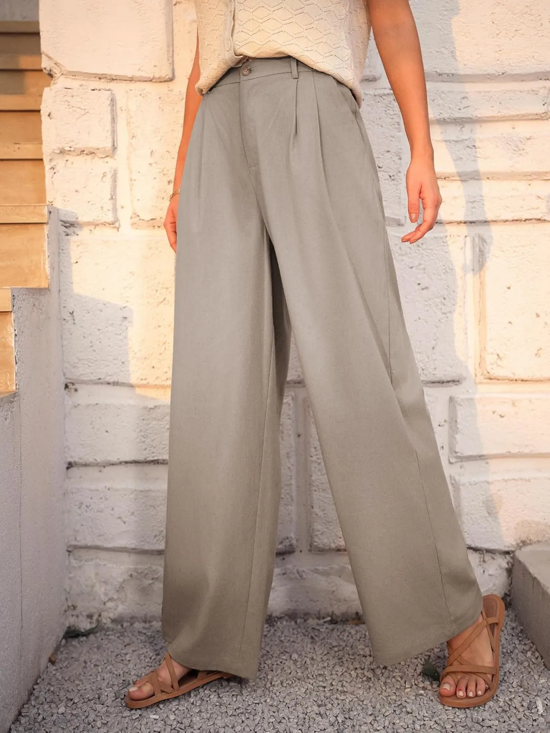 GRACE KARIN Wide Leg Pants for Women Cotton Linen Business Casual Long Trousers Palazzo Pants with Pockets