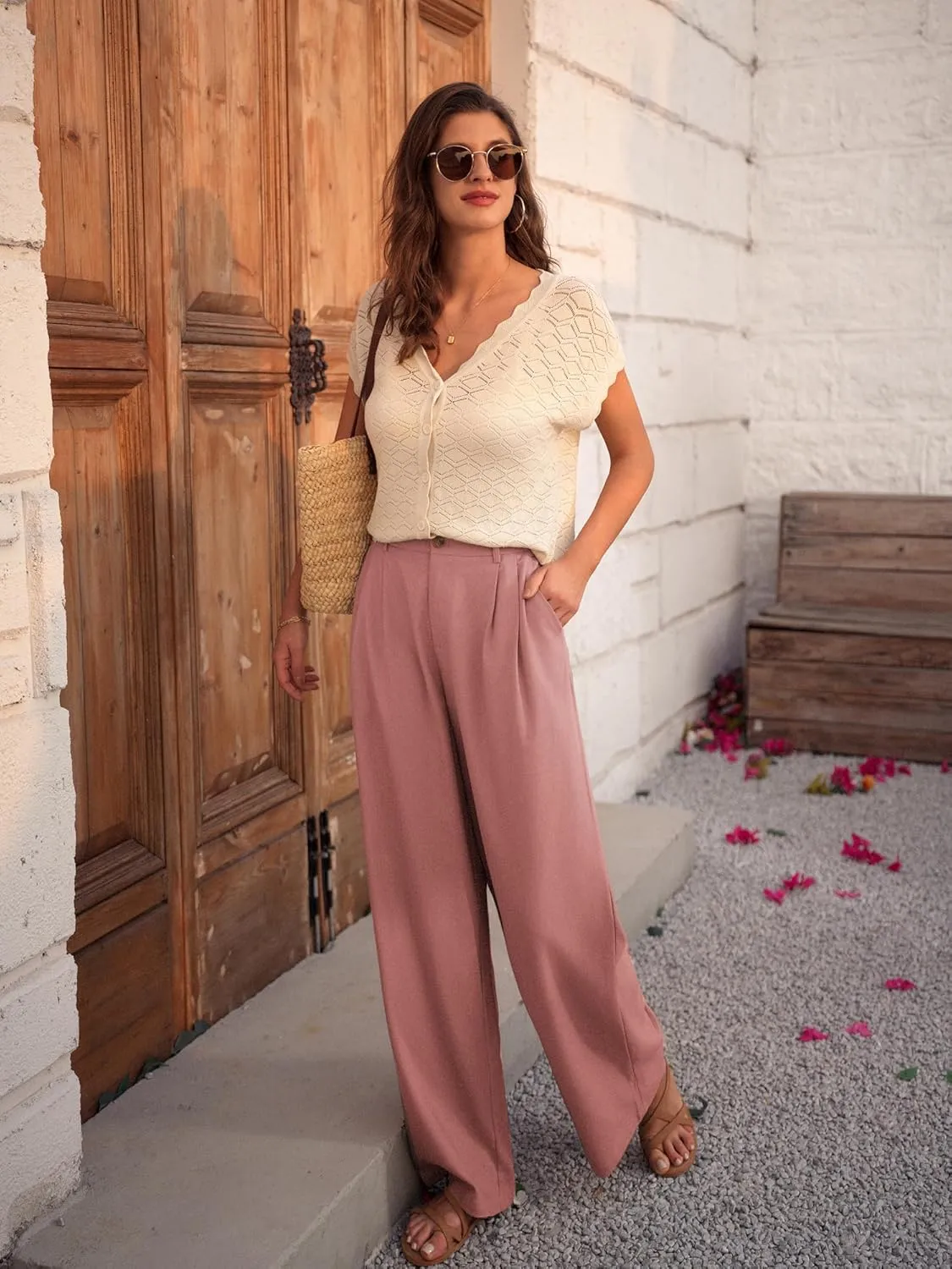 GRACE KARIN Wide Leg Pants for Women Cotton Linen Business Casual Long Trousers Palazzo Pants with Pockets