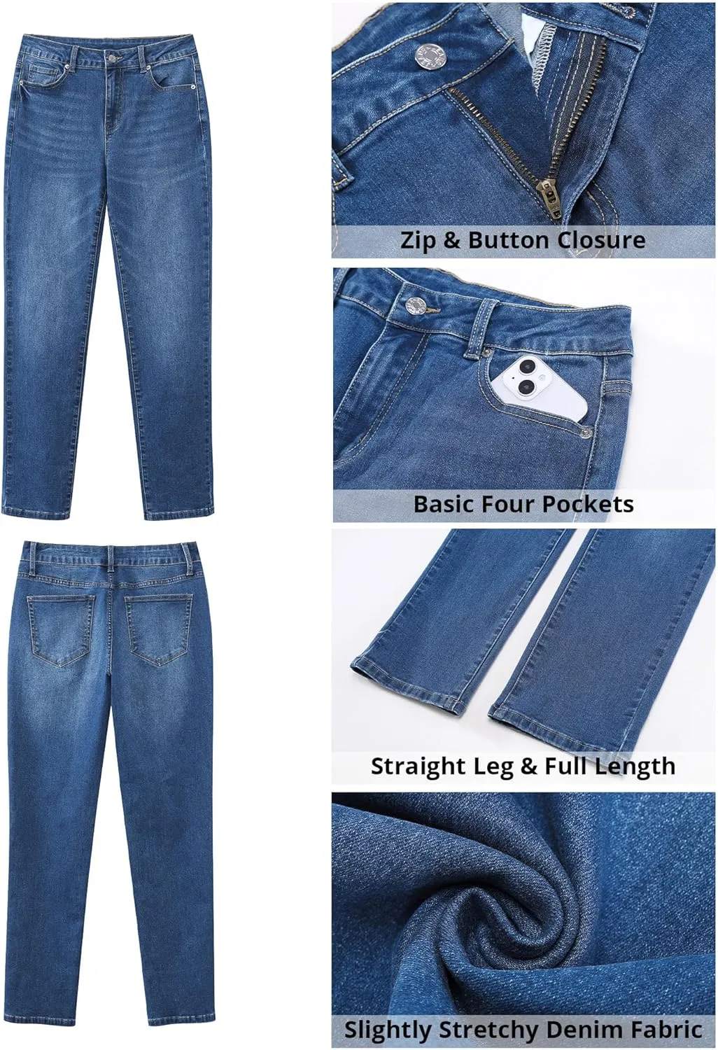 GRAPENT Straight Leg Jeans for Women High Waisted Trendy Slim Classic Stretchy Denim Work Trouser Jeans with Pockets