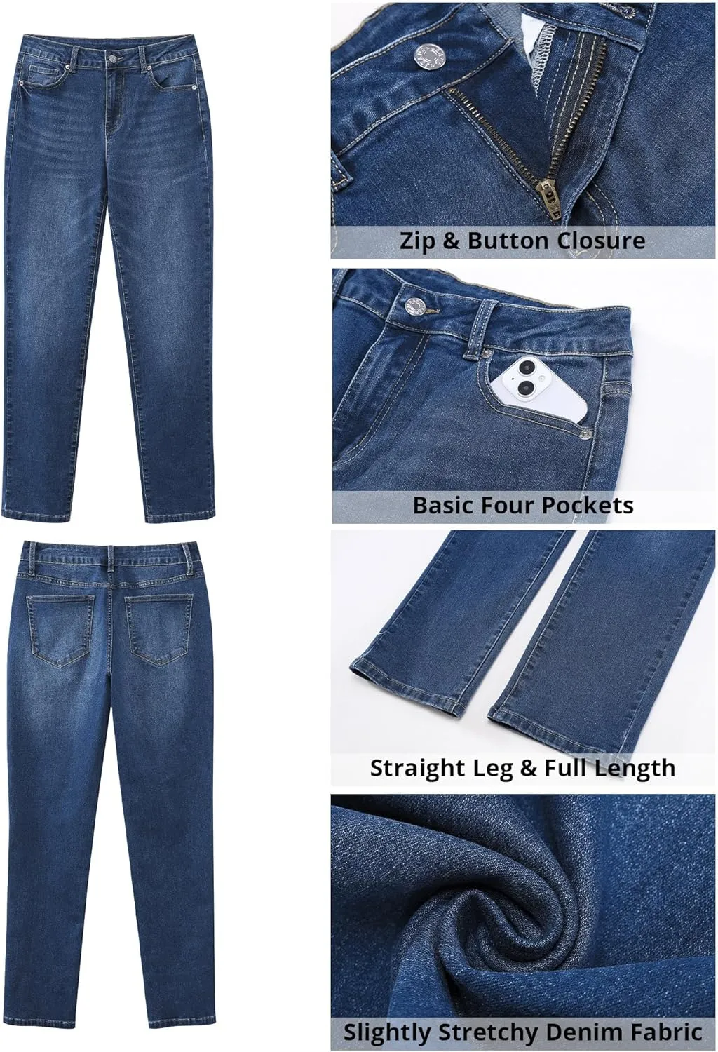 GRAPENT Straight Leg Jeans for Women High Waisted Trendy Slim Classic Stretchy Denim Work Trouser Jeans with Pockets