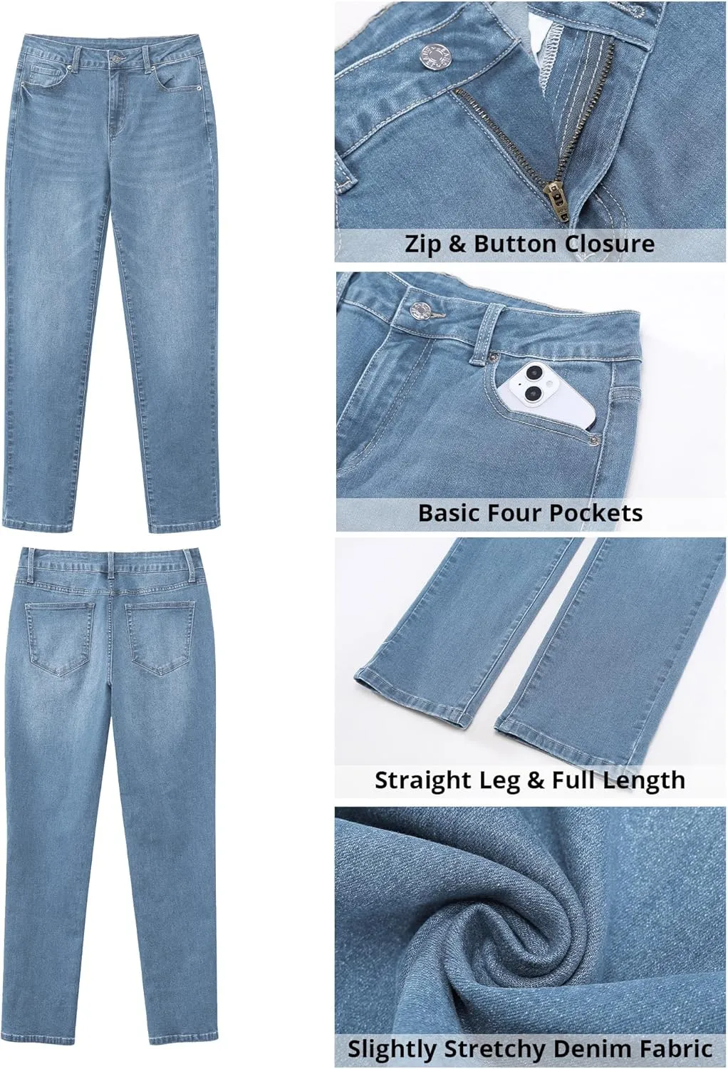 GRAPENT Straight Leg Jeans for Women High Waisted Trendy Slim Classic Stretchy Denim Work Trouser Jeans with Pockets