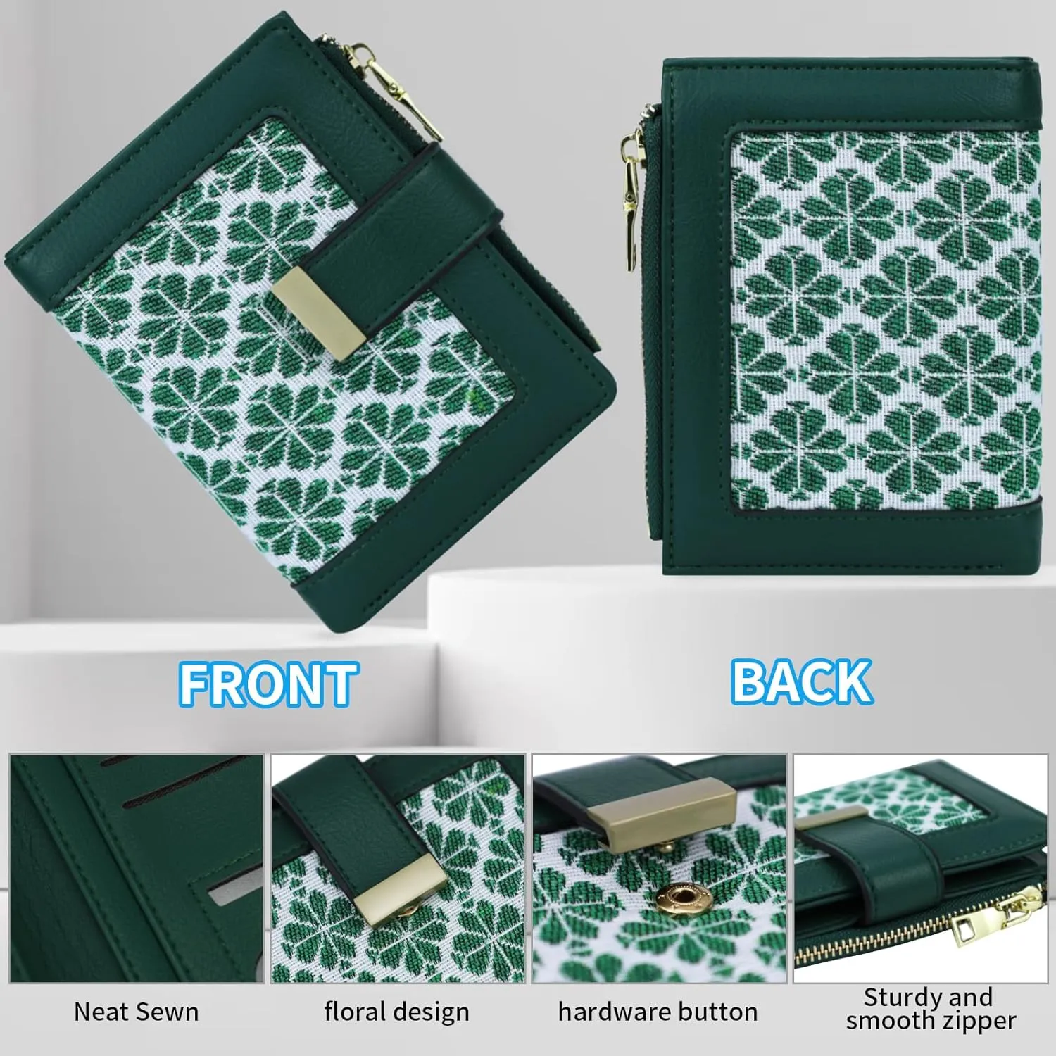 Green RFID Blocking Wallet for Women Small Leather Coin Purse with Flower Design Minimalist Credit Card Holder and ID Window Cute Travel Cash Wallet for Women
