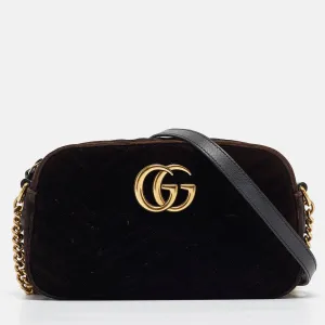 Gucci Black/brown Matelass&eacute; Velvet Small Gg Marmont Shoulder Bag