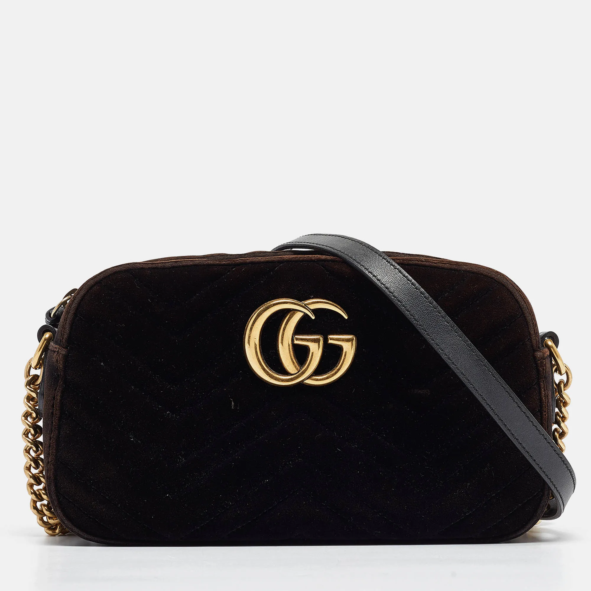 Gucci Black/brown Matelass&eacute; Velvet Small Gg Marmont Shoulder Bag